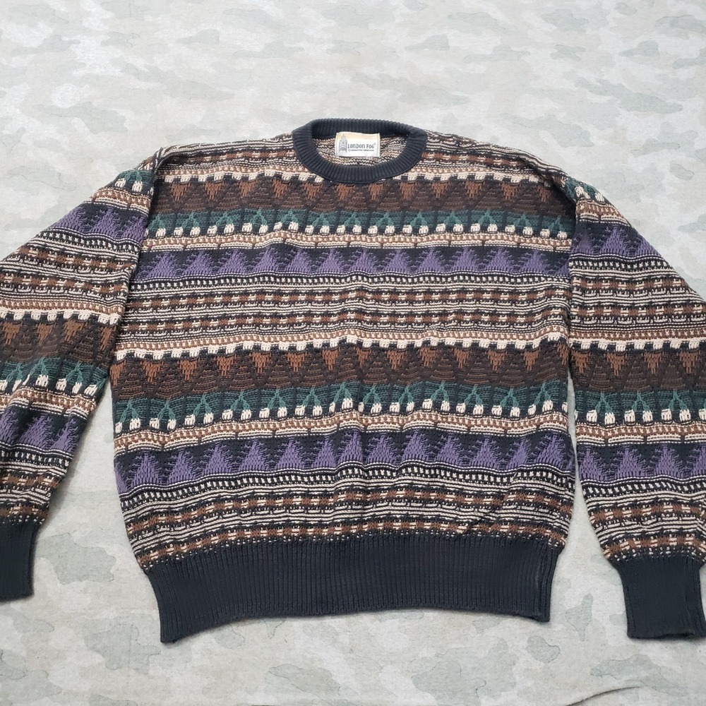 Vintage London Fog Sweater Mens XL Purple Geometric Pullover Crew Neck Textured